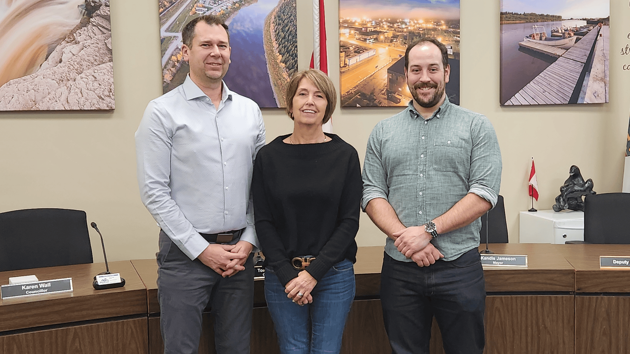 Pictured: Glen Smith, SAO, Town of Hay River; Kandis Jameson, Mayor of Hay River; Ben Linaker, Board Member United Way NWT
